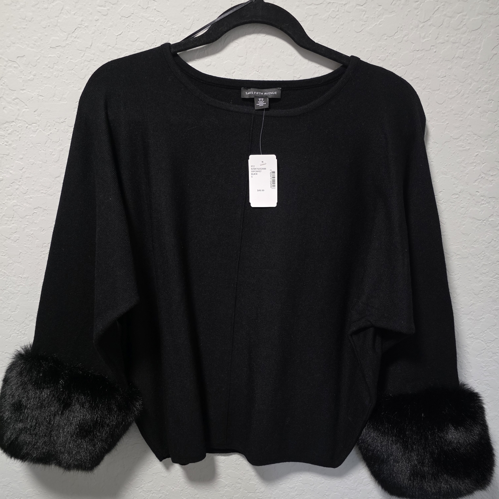 NWT!!  Saks Fifth Avenue Black Sweater with Faux Fur Cuffs